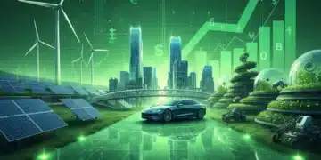 Futuristic green technology landscape with solar, wind, and smart city elements, symbolizing sustainable innovation and economic growth.