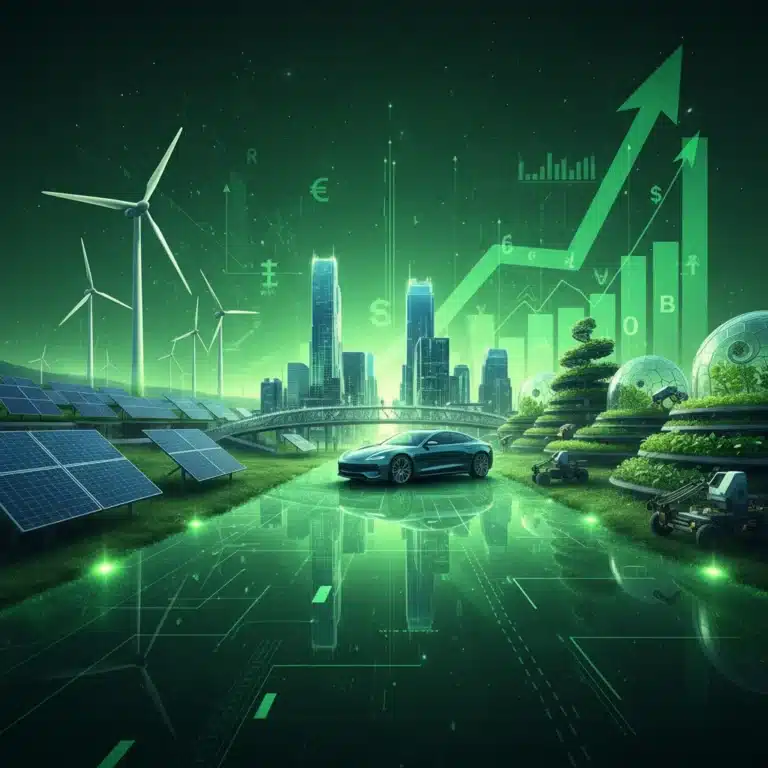 Futuristic green technology landscape with solar, wind, and smart city elements, symbolizing sustainable innovation and economic growth.