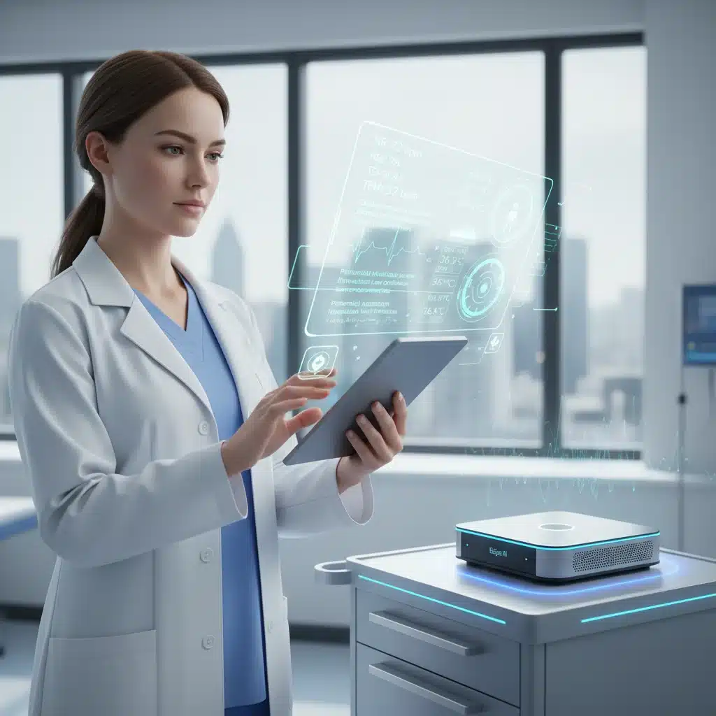 Doctor using tablet with AR for patient data, powered by Edge AI.