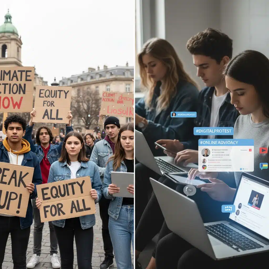 Hybrid activism: Gen Z combining online advocacy with physical protests for social change.