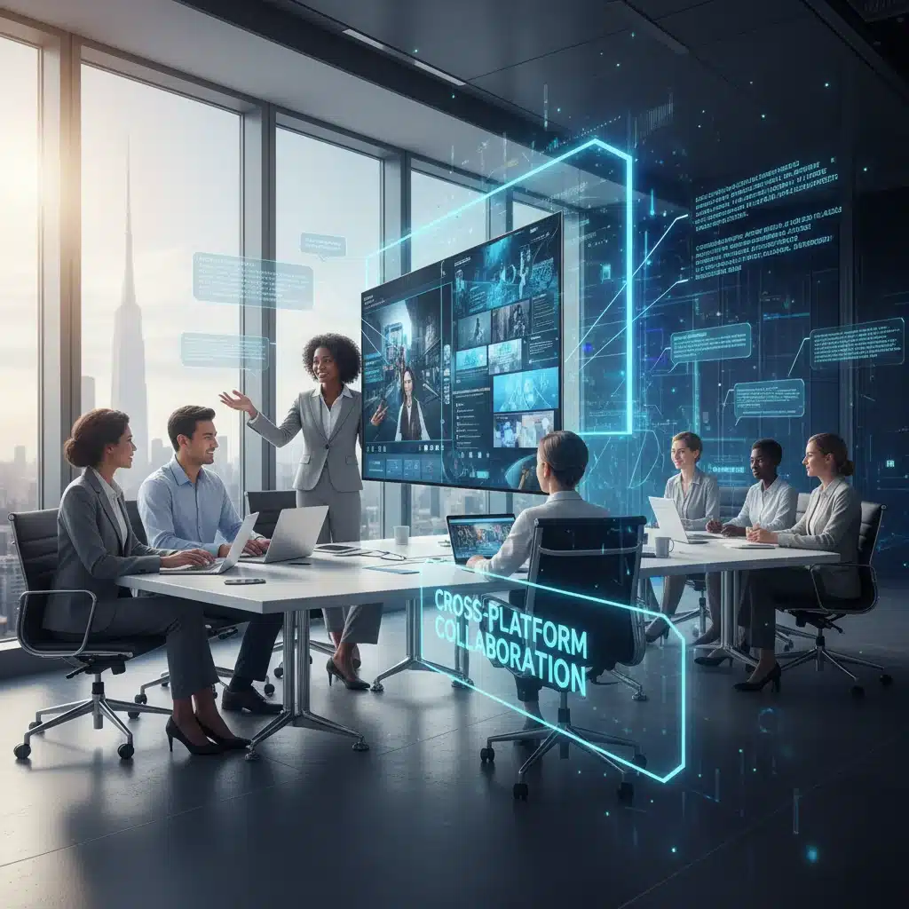 Diverse team collaborating in a hybrid virtual and physical meeting space.