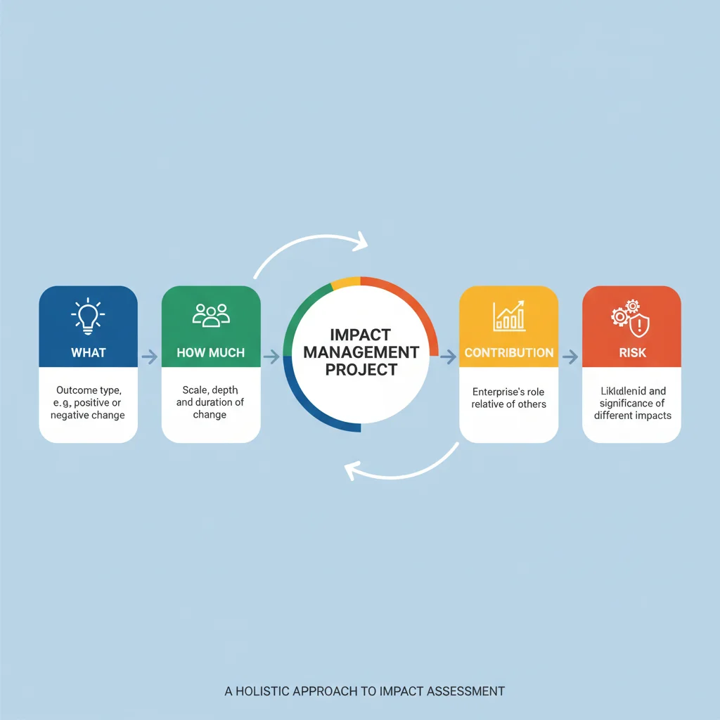Infographic detailing the Impact Management Project (IMP) framework dimensions