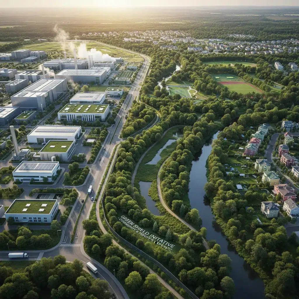 Aerial view showing a clear separation between an industrial complex and a green residential area, illustrating policy enforcement for environmental protection.