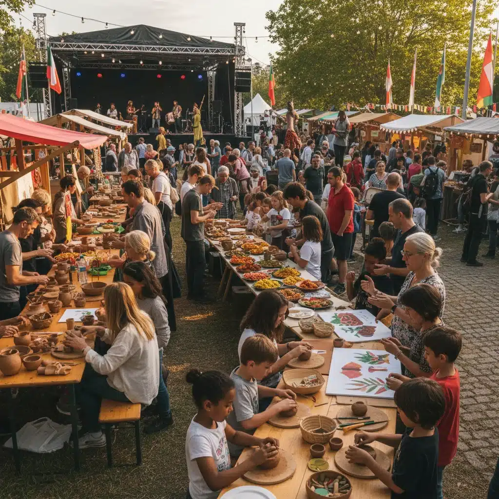 People engaging in hands-on craft workshops and enjoying live performances at an outdoor cultural festival.