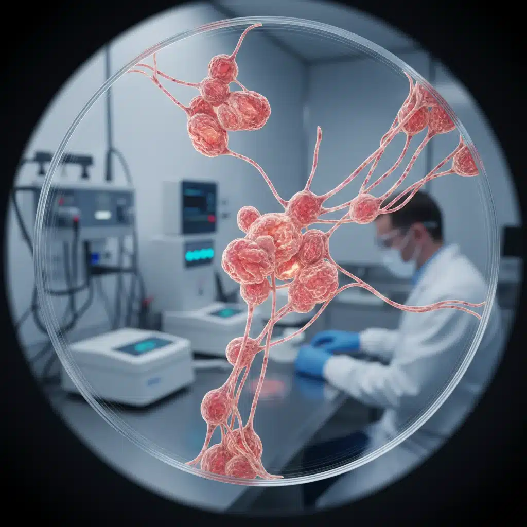 Lab-grown meat cells in petri dish, scientist in background, cellular agriculture.