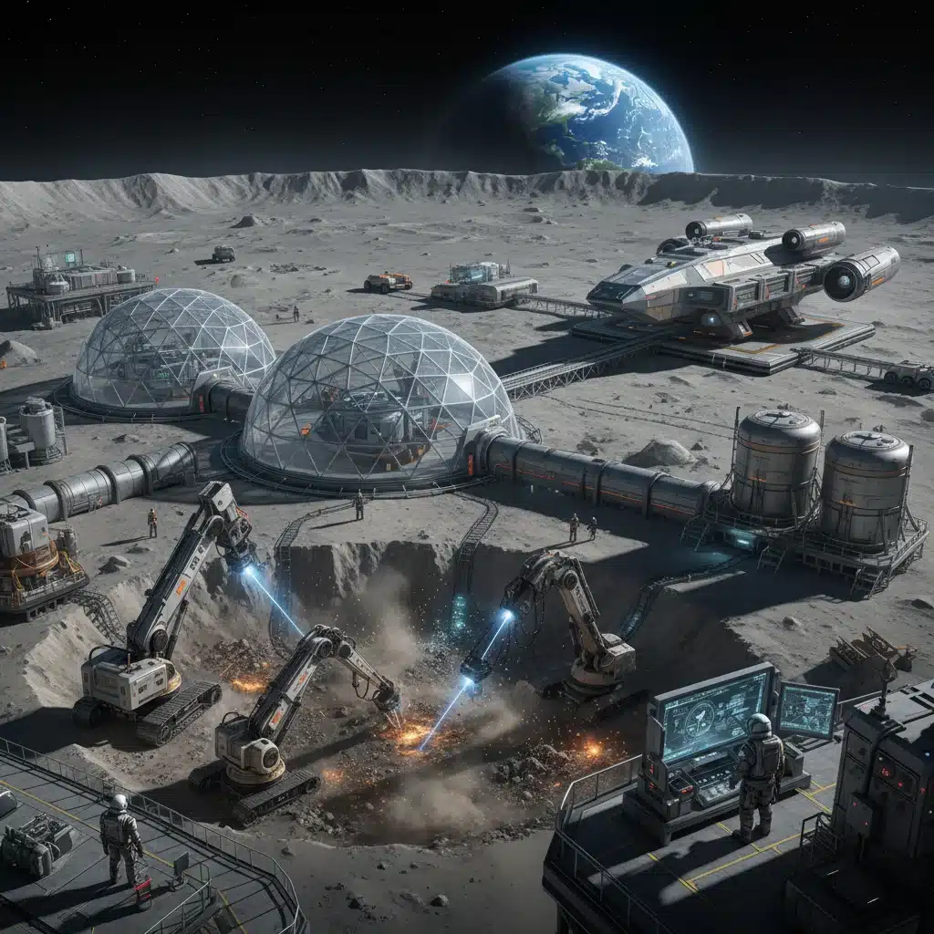 Lunar base with mining equipment and astronauts, representing lunar resource extraction.