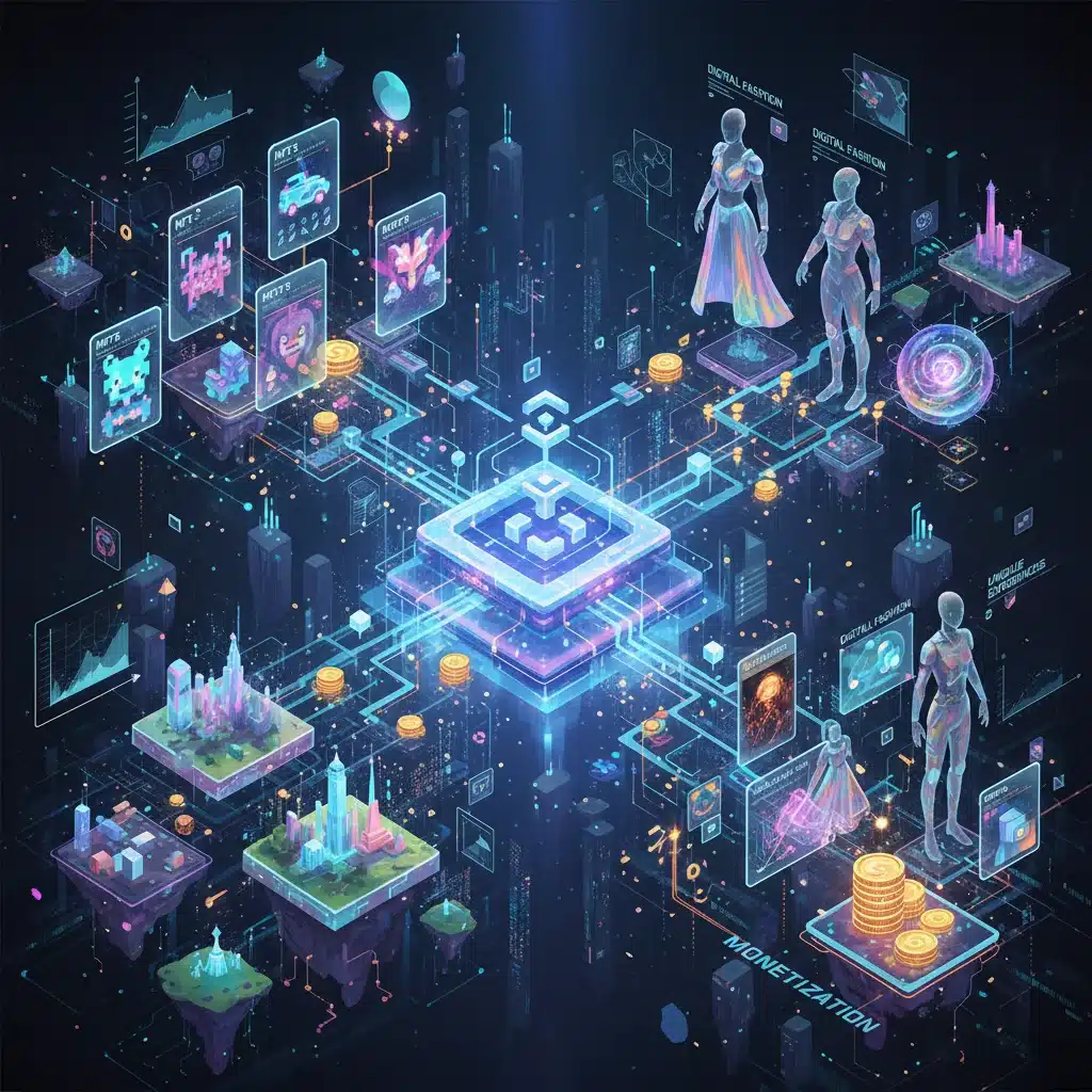 Digital assets like NFTs, virtual real estate, and digital fashion being traded in the metaverse