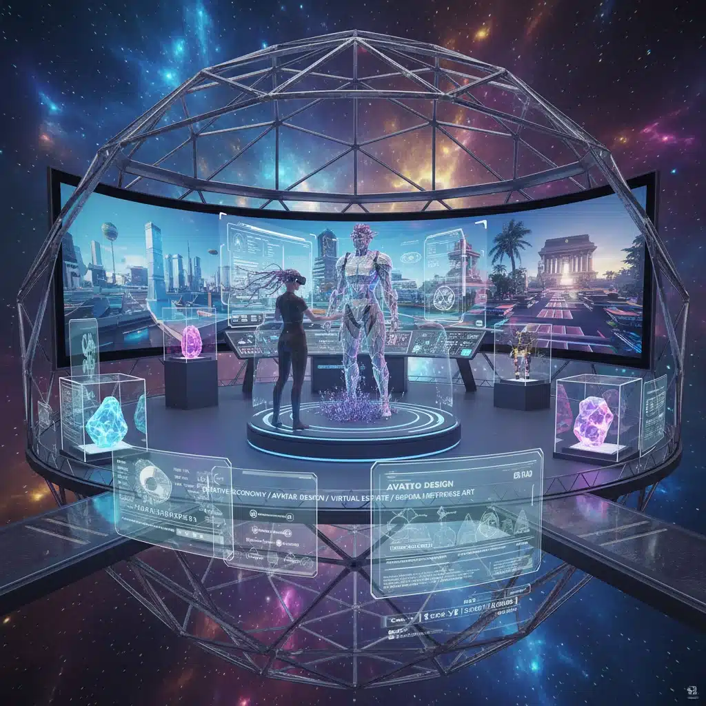 Virtual artist creating custom avatars and NFTs in a metaverse studio.