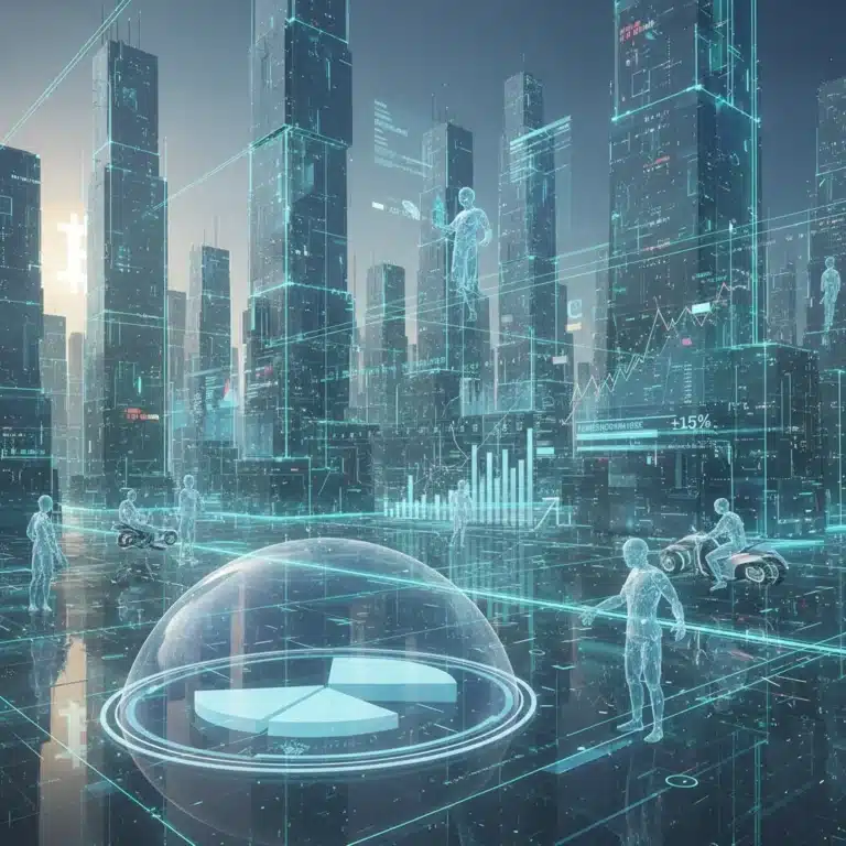 Futuristic metaverse cityscape with digital avatars and financial graphs, representing emerging revenue streams.