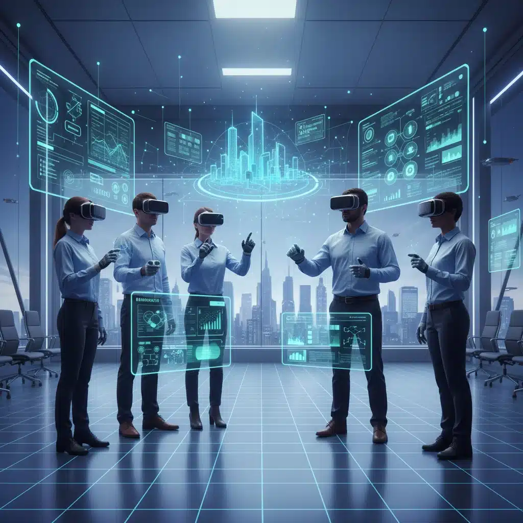 People in VR headsets collaborating in a virtual metaverse meeting room for enterprise.