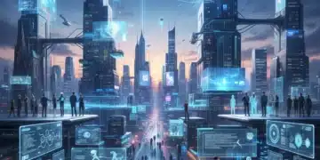 Metaverse Job Market 2026: Essential U.S. Professional Skills Professionals interacting in a dynamic, futuristic metaverse cityscape with data overlays.