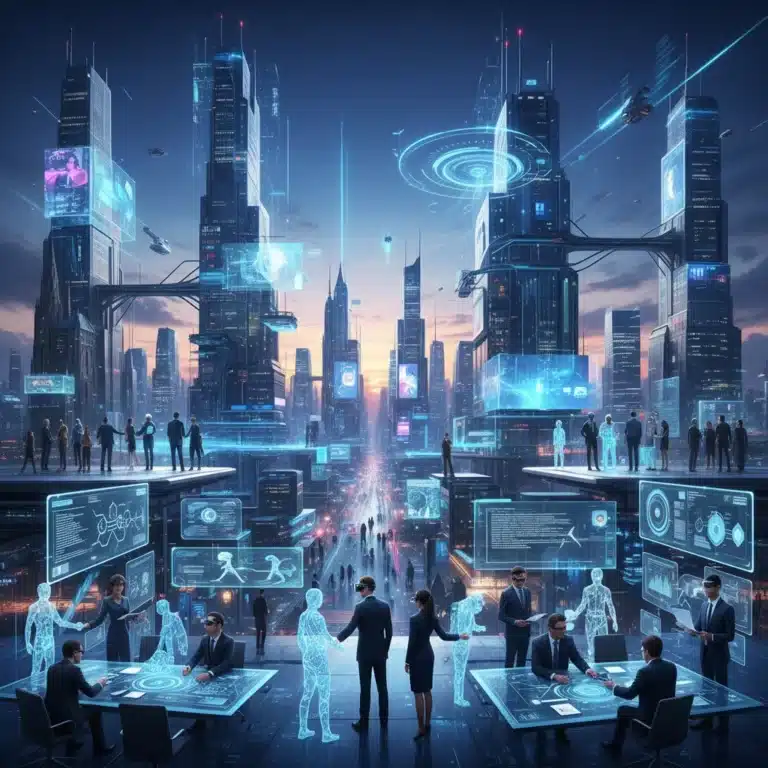 Professionals interacting in a dynamic, futuristic metaverse cityscape with data overlays.