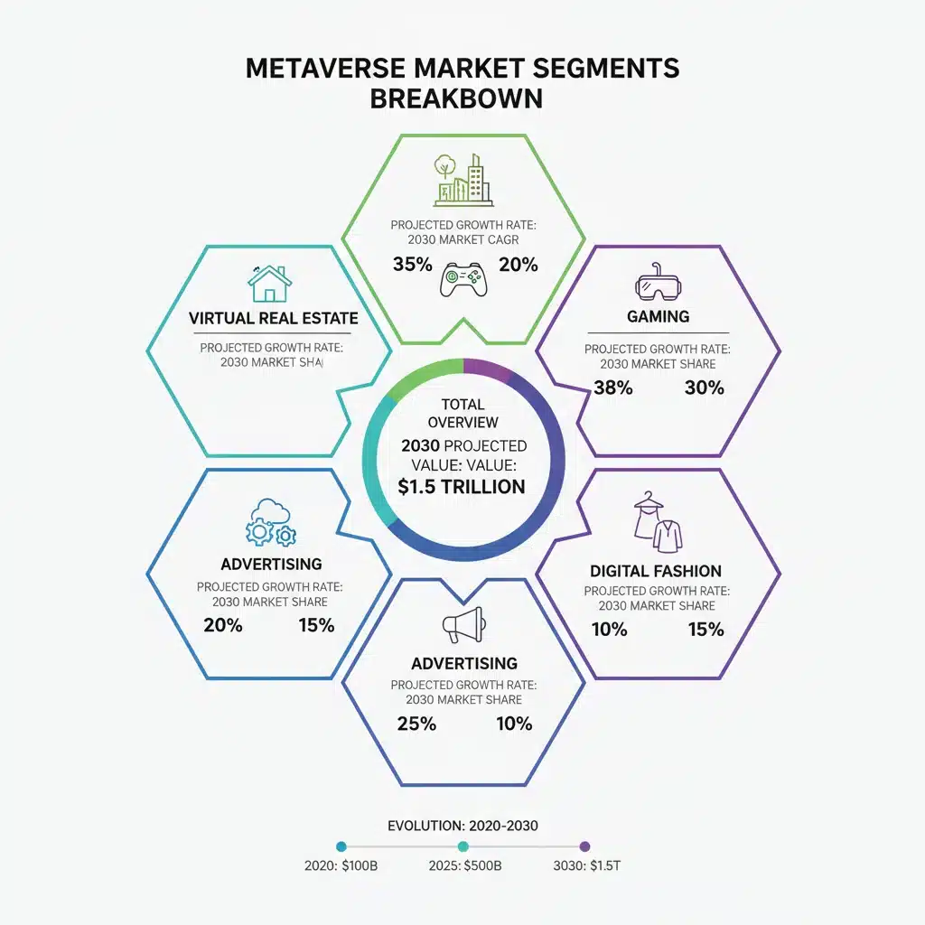Infographic illustrating metaverse market segments and their projected growth.