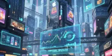 Futuristic metaverse cityscape with holographic ads and avatars, representing business monetization