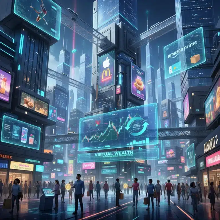 Futuristic metaverse cityscape with holographic ads and avatars, representing business monetization