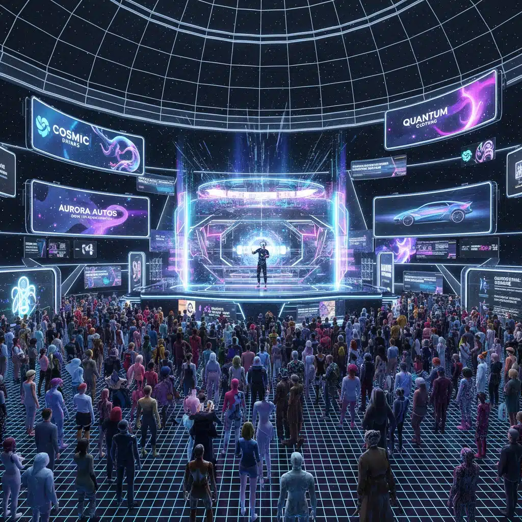 Avatars attending a large-scale virtual event or concert in a metaverse venue.