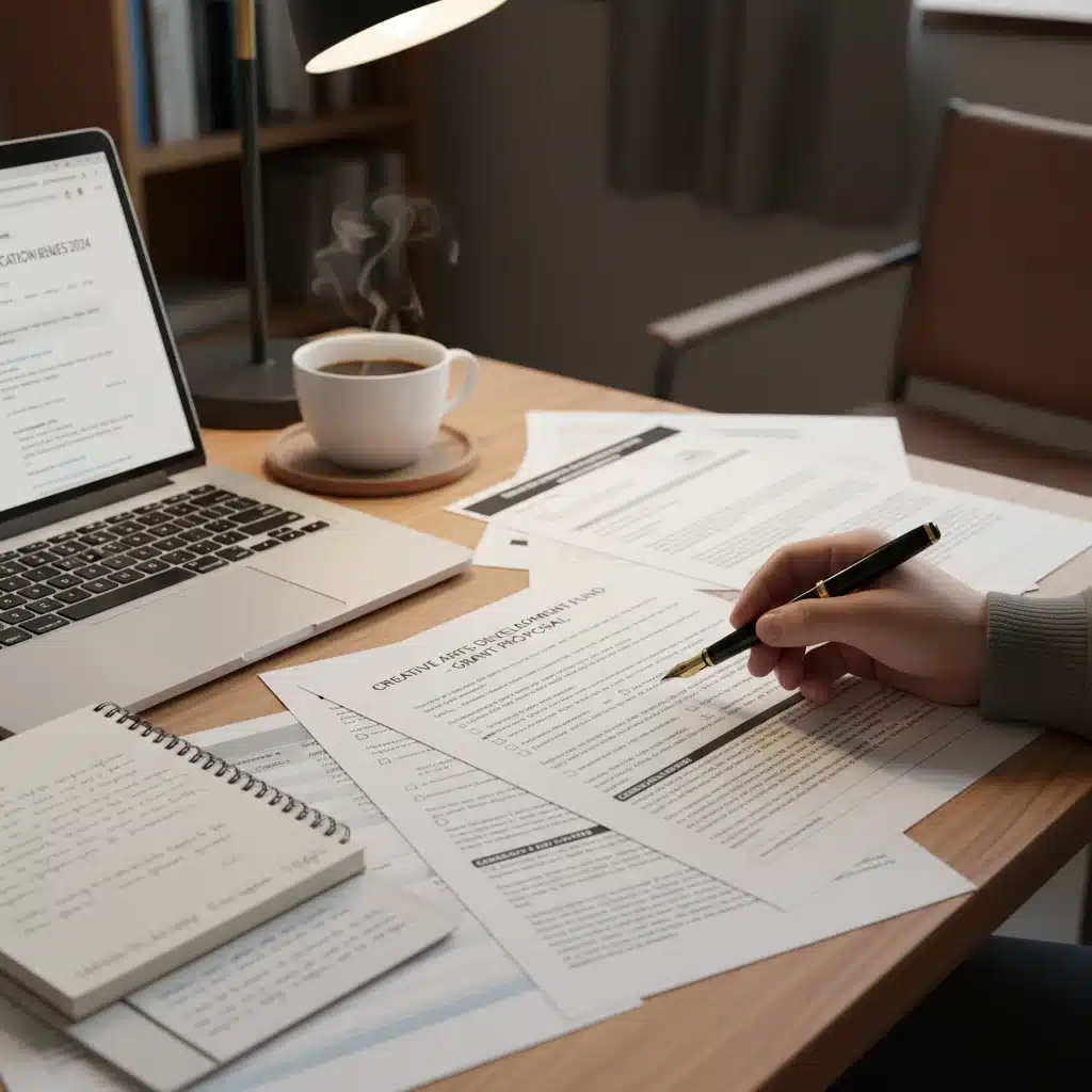 Detailed close-up of a person meticulously filling out a federal grant application form.