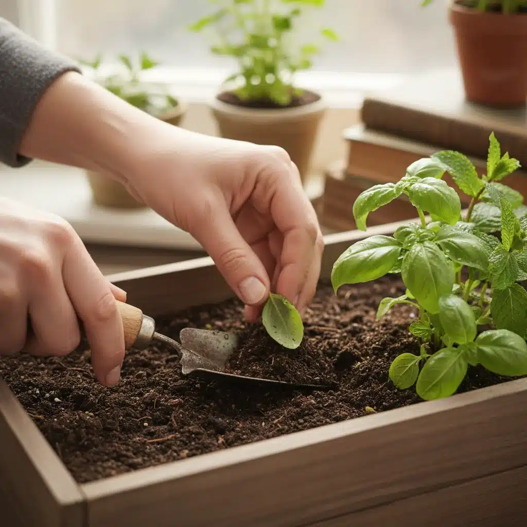 Hands tending to an indoor herb garden, a mindful activity