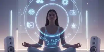 Person meditating with holographic media icons for mindful media consumption