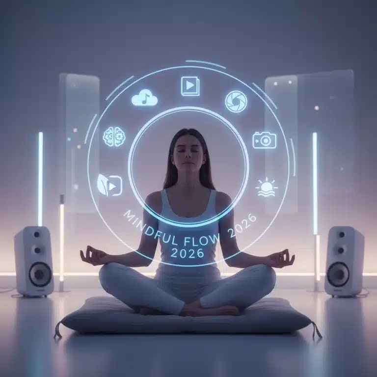 Person meditating with holographic media icons for mindful media consumption