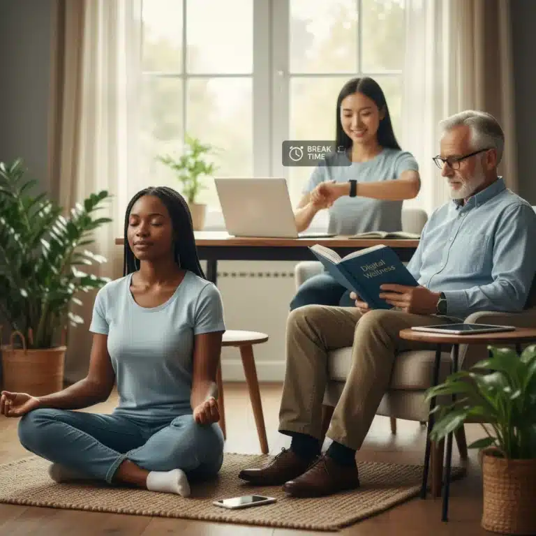 Adults practicing mindful technology use for digital well-being