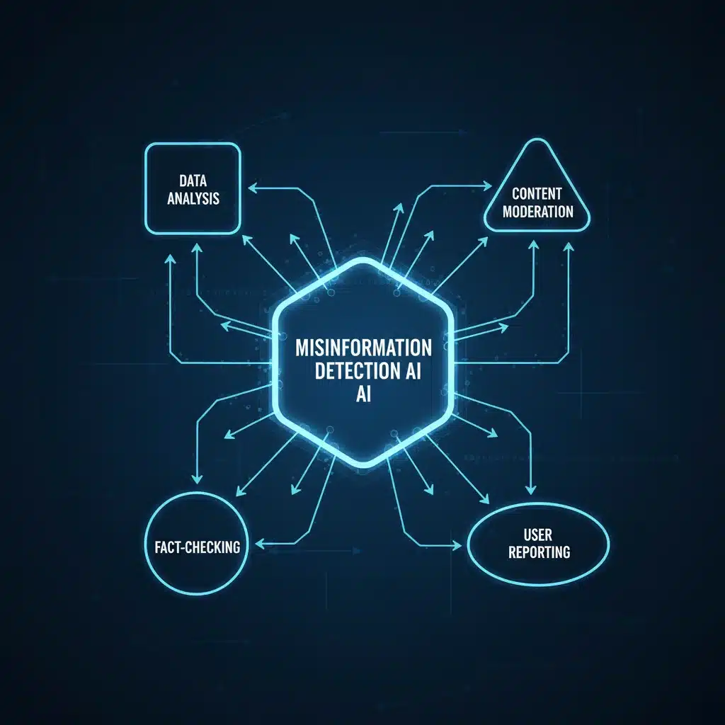 Complex algorithm flowchart for misinformation detection and content moderation.