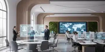 Modern hybrid office with virtual and in-person collaboration, 2026 work trends.