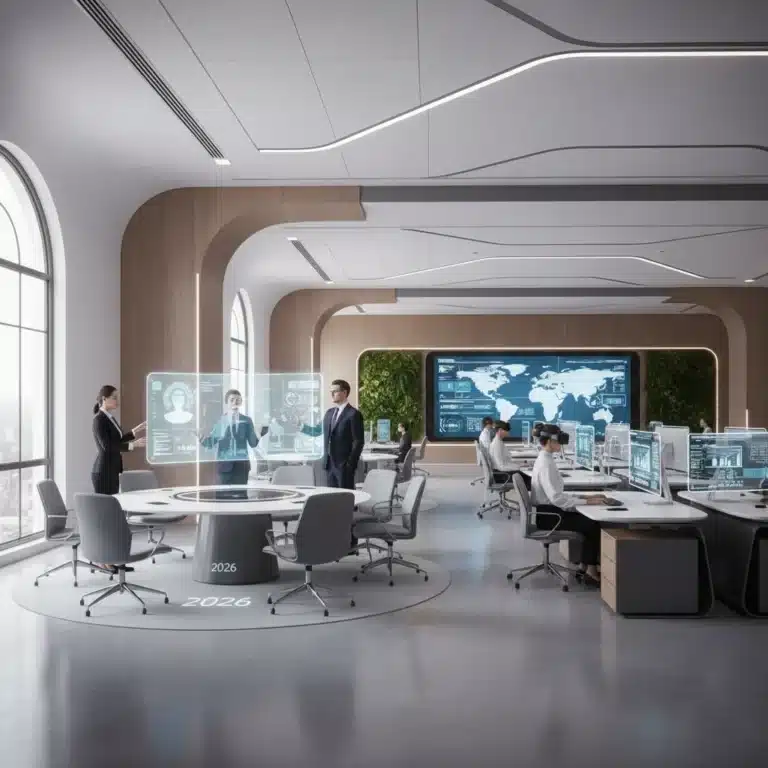 Modern hybrid office with virtual and in-person collaboration, 2026 work trends.