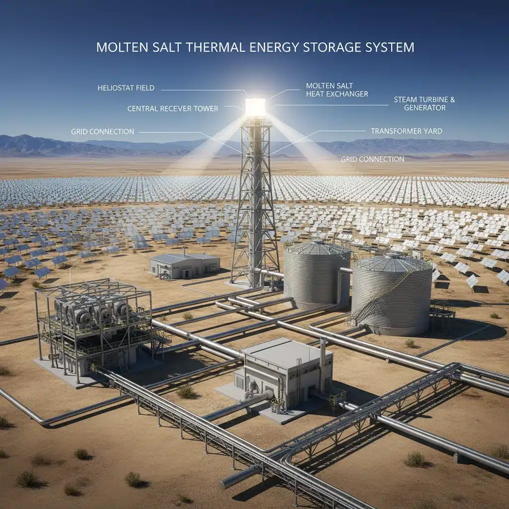 Molten salt thermal energy storage system at a solar power plant.
