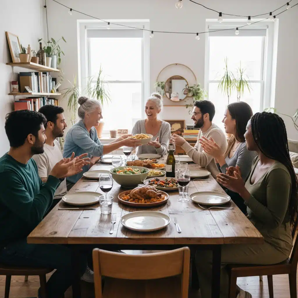 Multi-generational co-living community sharing a meal.