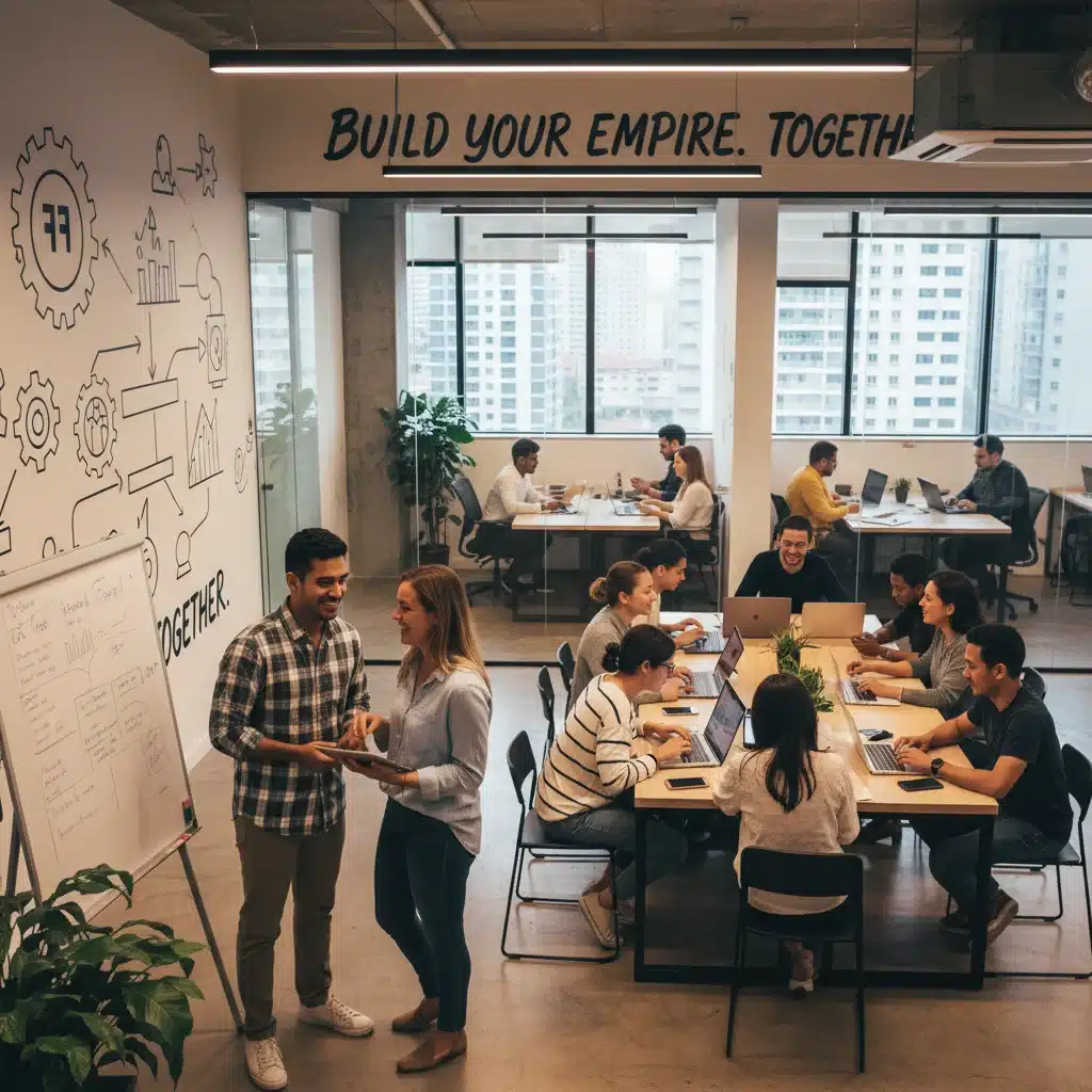 People networking and collaborating in a co-working space, reflecting the social aspects of side hustle culture.
