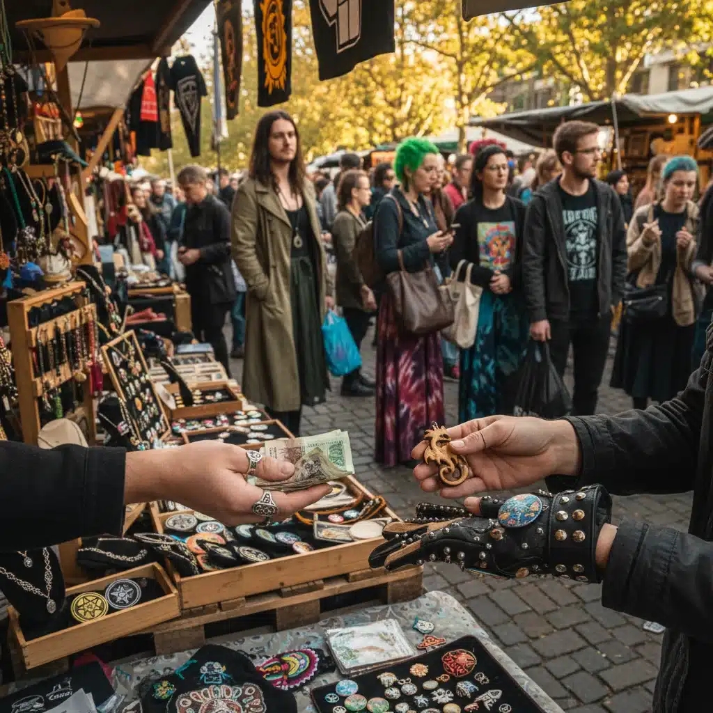Hands exchanging money for handcrafted subculture goods at a vibrant local market, symbolizing niche economic transactions.