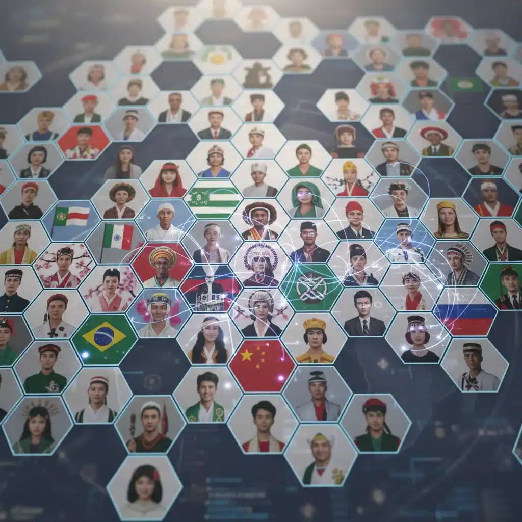Mosaic of diverse online user profiles showcasing cultural markers and interconnected communities.