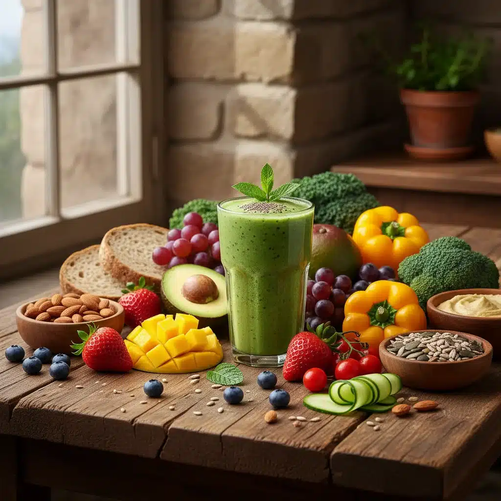 Organic, plant-based food spread, emphasizing healthy eating and nutrition trends.