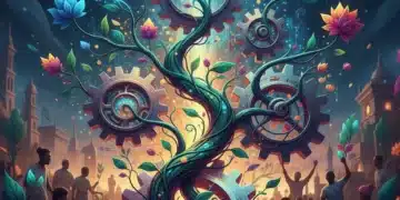 Abstract illustration of financial gears and flourishing plants symbolizing long-term philanthropic impact.