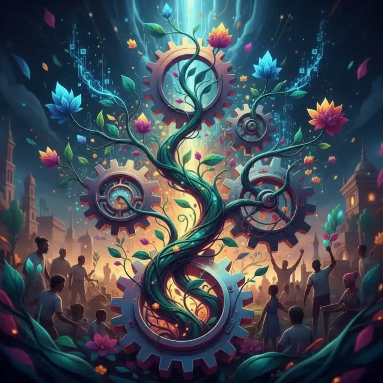 Abstract illustration of financial gears and flourishing plants symbolizing long-term philanthropic impact.