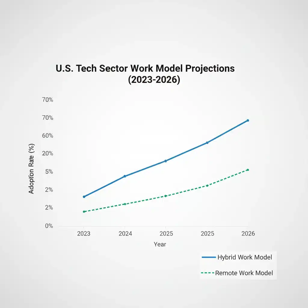 Chart showing projected growth of remote versus hybrid work models in U.S. tech up to 2026.