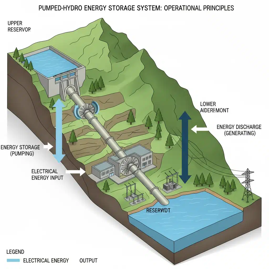 Diagram of a pumped hydro energy storage system showing water flow and energy generation.