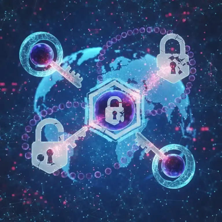 Quantum computing impact on cybersecurity, showing vulnerable digital locks
