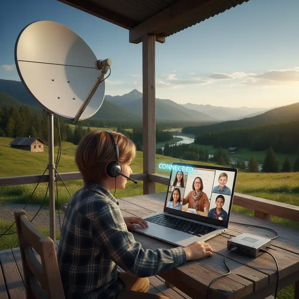 Rural student engaged in virtual classroom through satellite internet.