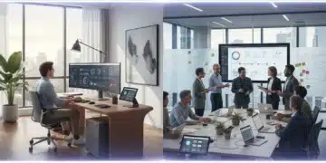 Remote worker in home office facing hybrid team in collaborative tech space, symbolizing future work models.
