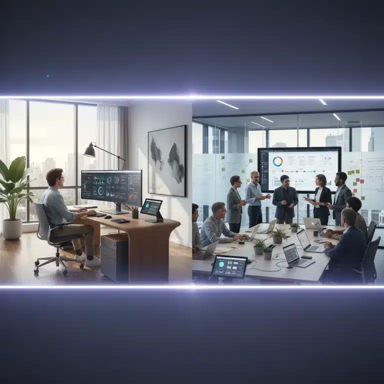 Remote worker in home office facing hybrid team in collaborative tech space, symbolizing future work models.