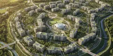 Vibrant community showcasing modern infrastructure and green spaces, symbolizing disaster preparedness and resilience.