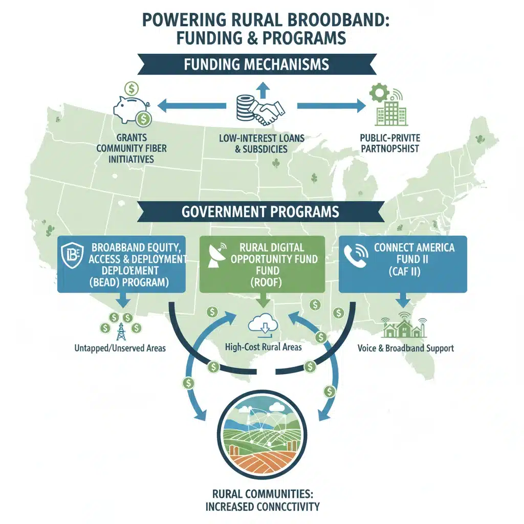 Infographic detailing government funding programs for rural broadband deployment, including BEAD, RDOF, and CAF II.