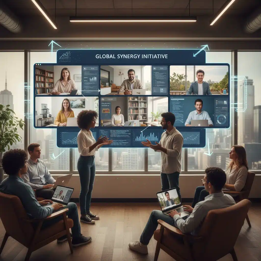 Diverse team collaborating seamlessly across hybrid work environments via advanced tech.