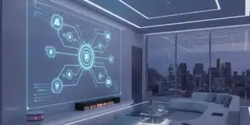 Futuristic smart home interior with secure connected devices and digital security overlay