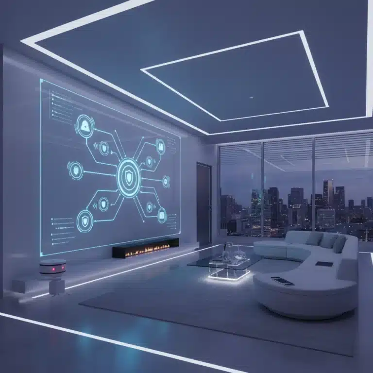 Futuristic smart home interior with secure connected devices and digital security overlay