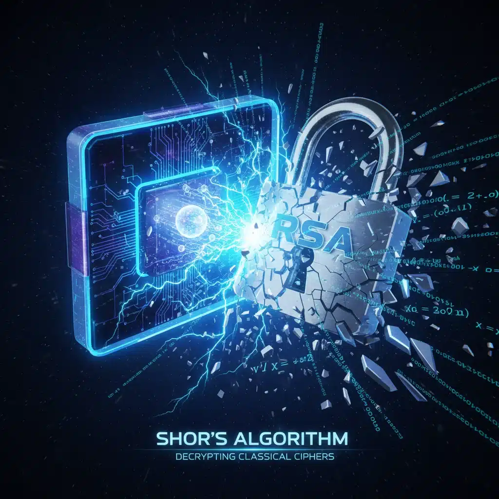 Shor's algorithm breaking RSA encryption with quantum computer