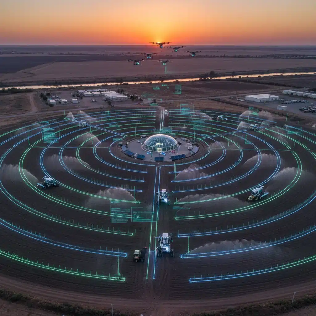 Smart farm with autonomous vehicles and drones, illustrating precision agriculture and resource efficiency.