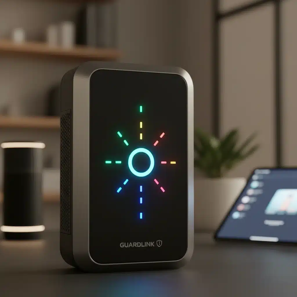 Smart home hub with active network lights, representing central security management
